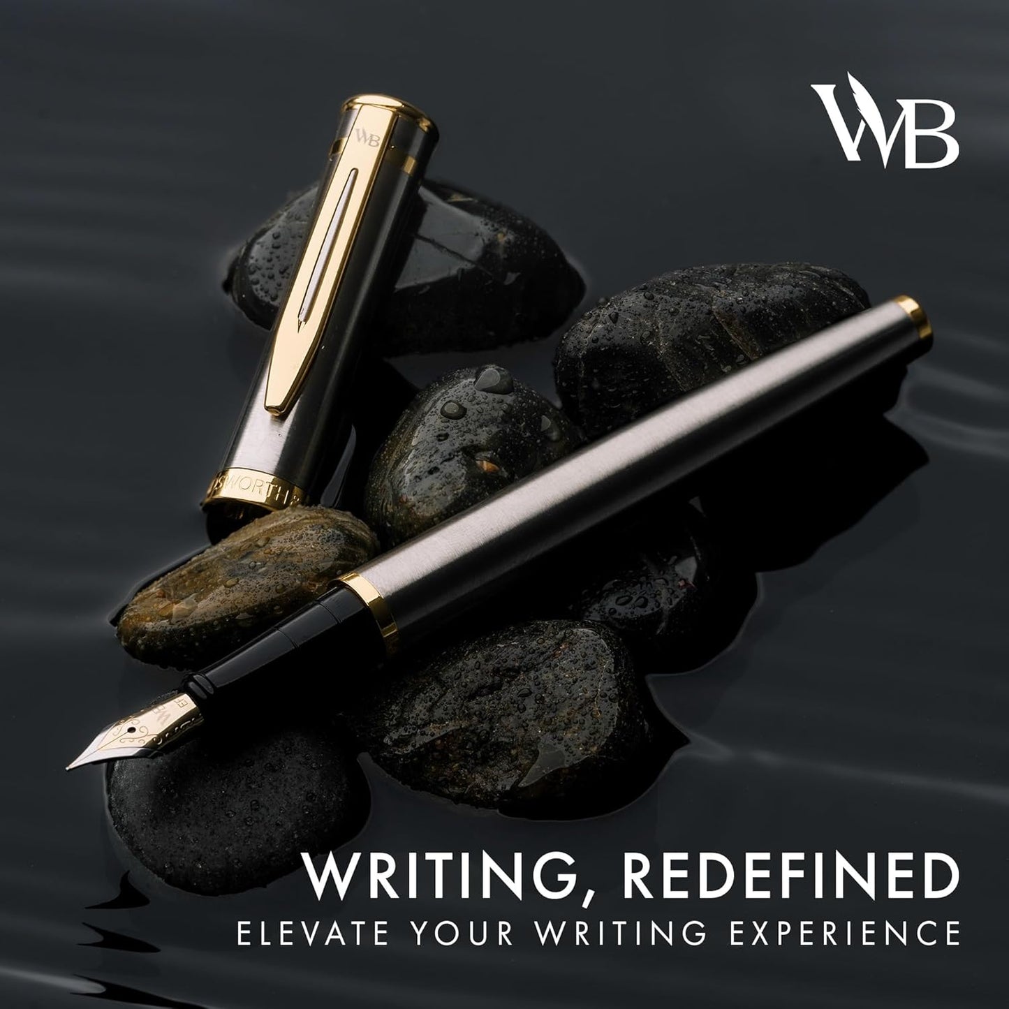 Wordsworth & Black Fountain Pen Set, 18K Gilded Medium Nib, Includes 24 Pack Ink Cartridges, Ink Refill Converter & Gift Pouch, Gold Finish, Calligraphy, [Silver Gold], Perfect for Men & Women