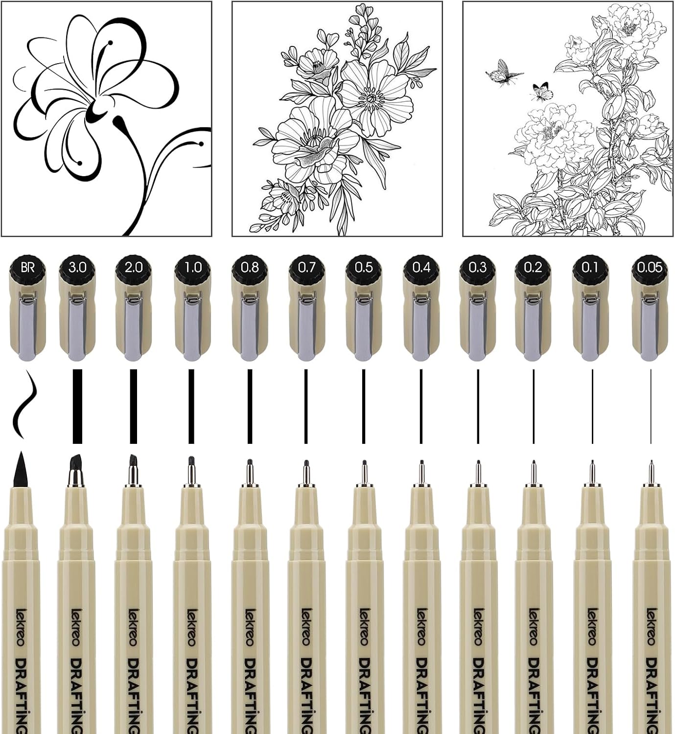 Micron 12-Piece Fineliner Pen, Assorted Point Sizes 0.05 to 3mm & Brush Pens, for Art, Writing & Bullet Journaling (12 Point Sizes)