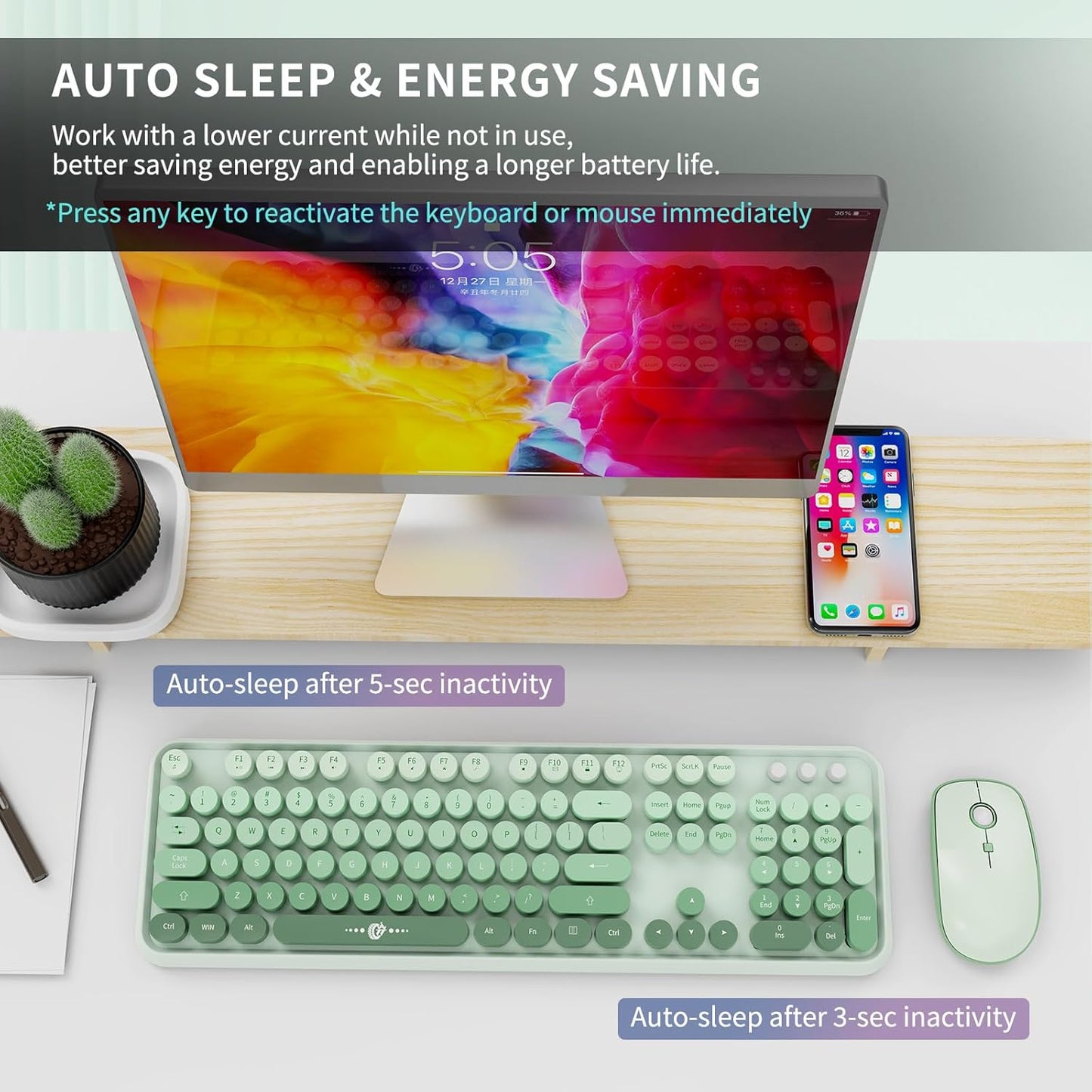 FOPETT Wireless Keyboard and Mouse Combo, 104 Keys Full-Sized 2.4 GHz Round Keycap Colorful Keyboards, USB Receiver Plug and Play, for Windows, Mac, PC, Laptop, Desktop (GradientGreen)