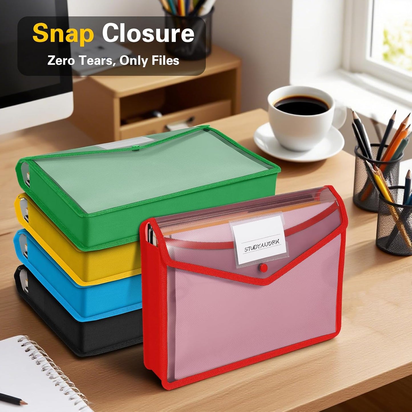 Go&Fan 5 Packs Expanding File Folder,no dividers,File Wallet Document Folder,Plastic envelopes with snap Closure,Paper Organizer Folder with Lable Pocket (Colorful) Fit Letter/A4 Size