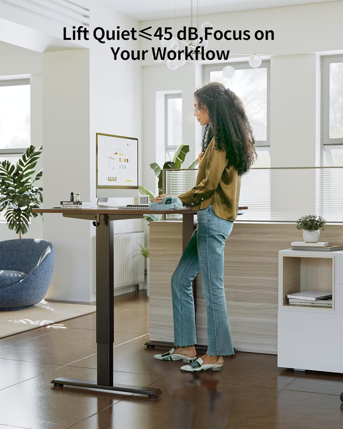 FEZIBO One-Piece Standing Desk Adjustable Height Stand up Home Office Desk, 55x24 Inch Electric Standing Computer Desk, with 4 Memory Presets, Fixable casters, Black Walnut