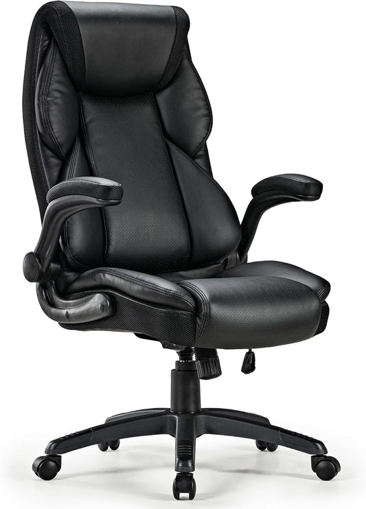 EUREKA ERGONOMIC PU Leather Desk Chair Office Executive Chair, Ergonomic Office Chair Flip Up Arms, High Back Office Chair with Headrest, Home Office Desk Chair with Wheels, Computer Chairs for Adults