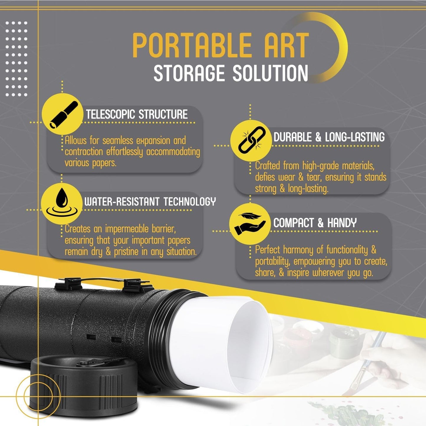 Flexzion Poster, Art, Document Tube with Strap, Expandable Waterproof Plastic Container, Telescoping Cylindrical Storage Case, Portable Paper Holder for Draft Sketch Blueprint, Black, youth large / 11