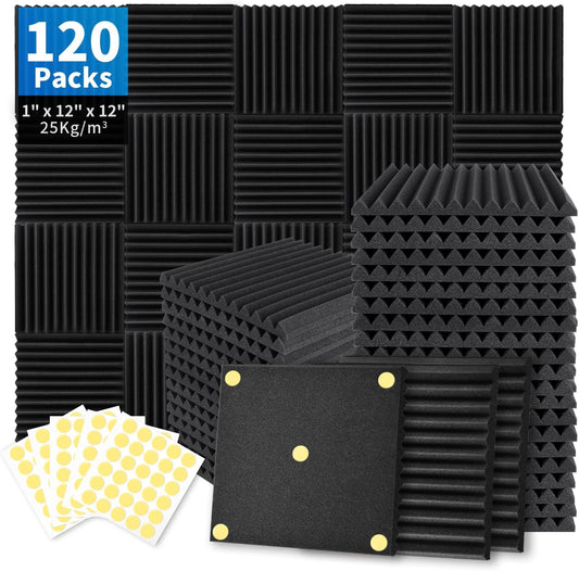 120 Pack Acoustic Foam Panels 1" x 12" x 12" Sound Proof Foam Panels Soundproofing Noise Cancelling Wedge Panels for Home Office Recoding Studio with 600 PCS Double-Side Adhesive