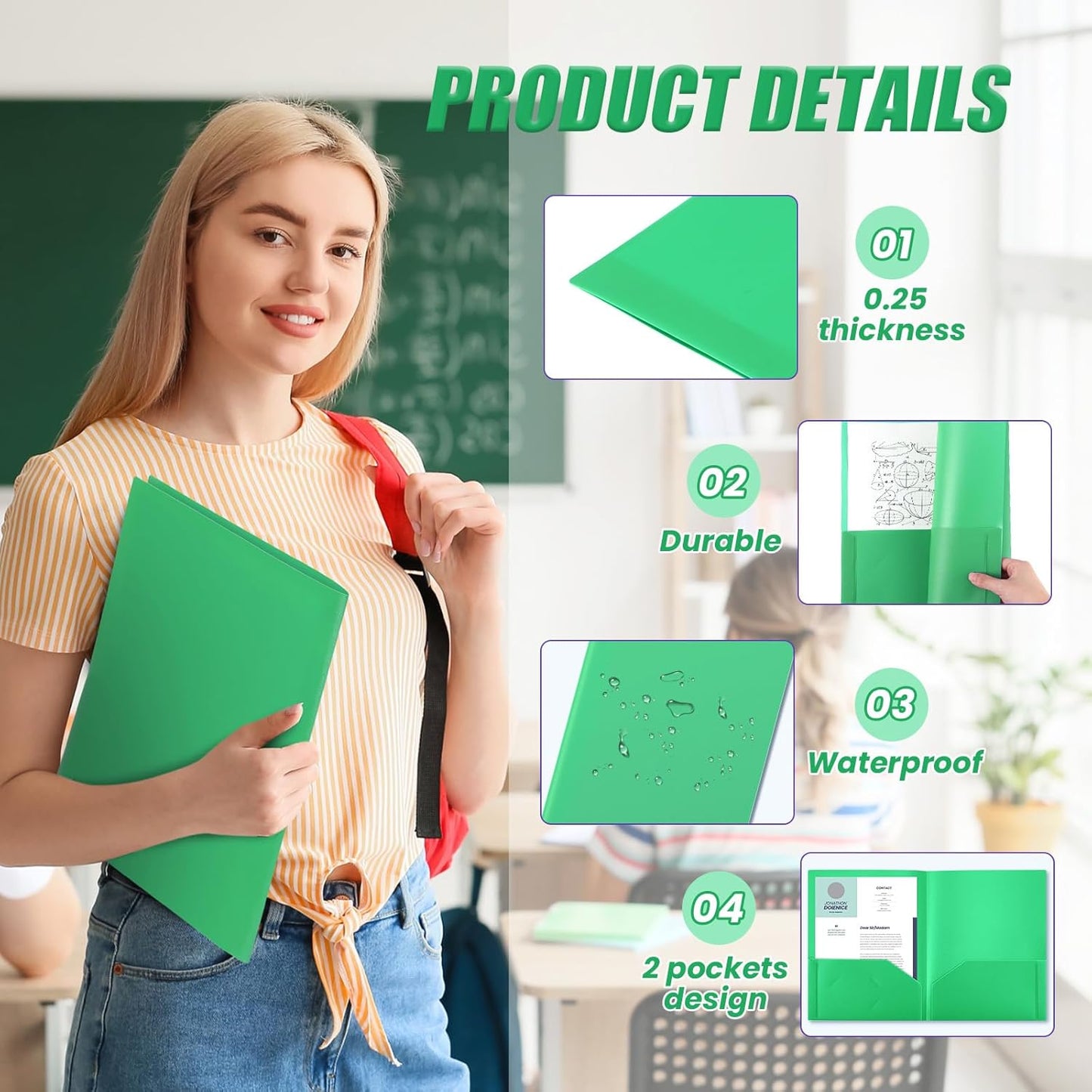 Gueevin 100 Pcs Two Pocket Folders Bulk Plastic File Folder with 2 Pockets Letter Size Paper Heavy Duty Durable Portfolios Case for Home Office School Business 11.61 x 9.45 Inch (Green)