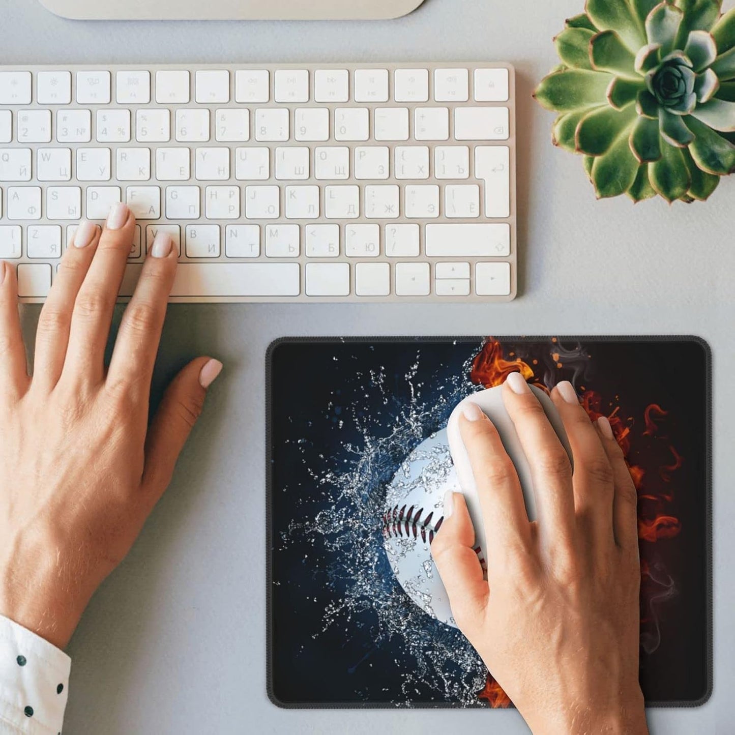 Baseball Mouse Pad for Boys Men Desk, Cool Sports-Themed Mouse Pads with Fire & Water Pattern Printed, Rectangle Non-Slip Rubber Base Gaming Mousepad for Laptop Computer