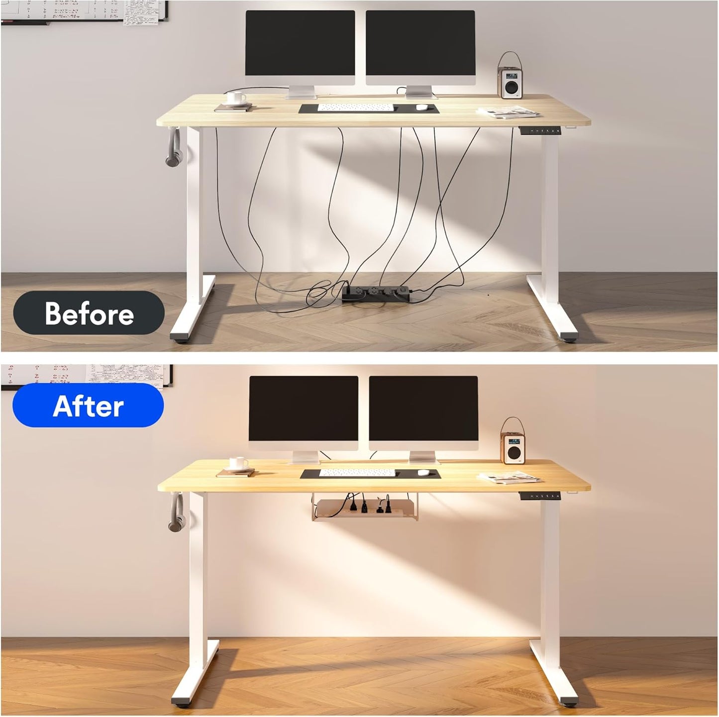FLEXISPOT EN2 Whole-Piece Standing Desk with Clamp Power Strip, 60 x 24 Electric Stand Up Height Adjustable Desk with Cable Management (White Frame + 60" Maple Top, 2 Packages)