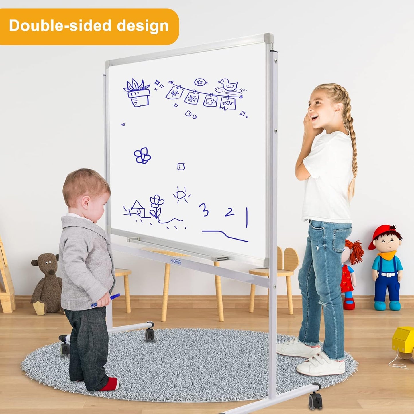 H-Qprobd Mobile Whiteboard 36"x24" Magnetic Dry Erase Board with Stand - Adjustable Height Double Side Rolling White Boards on Wheels for Home, Office & School