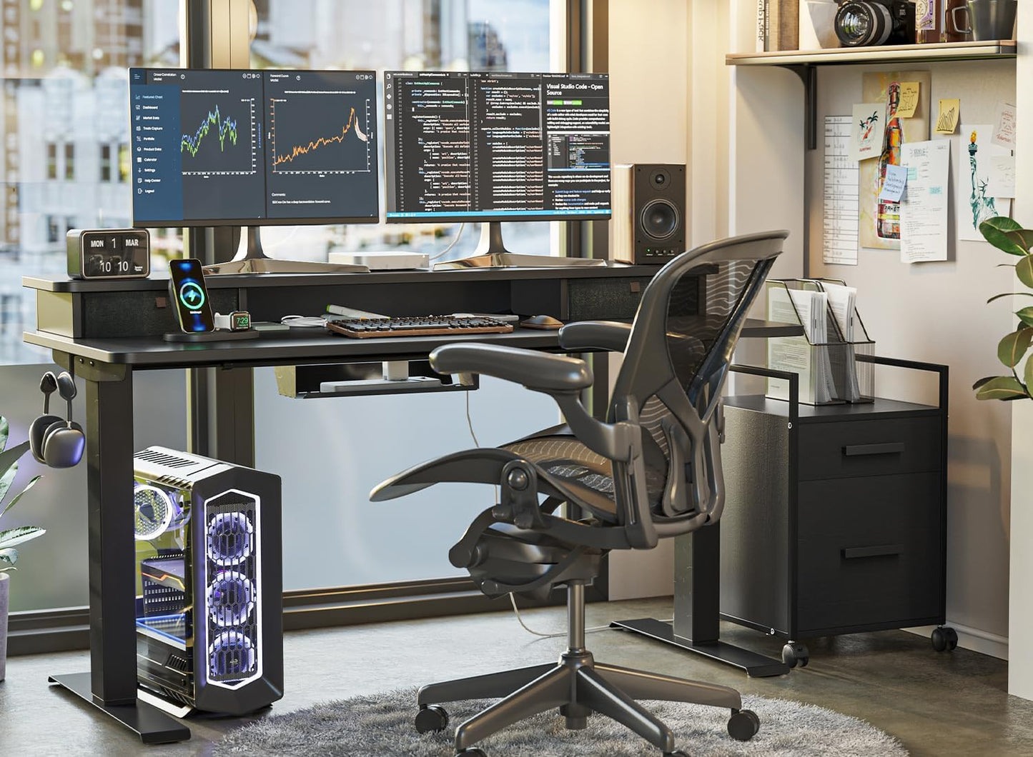 FEZIBO 48 x 24 Inch Height Adjustable Electric Standing Desk with Double Drawer, Computer Desk, Home Office Stand Up Table with 4 Height-Adjustable Feets & 2 Hooks, Black