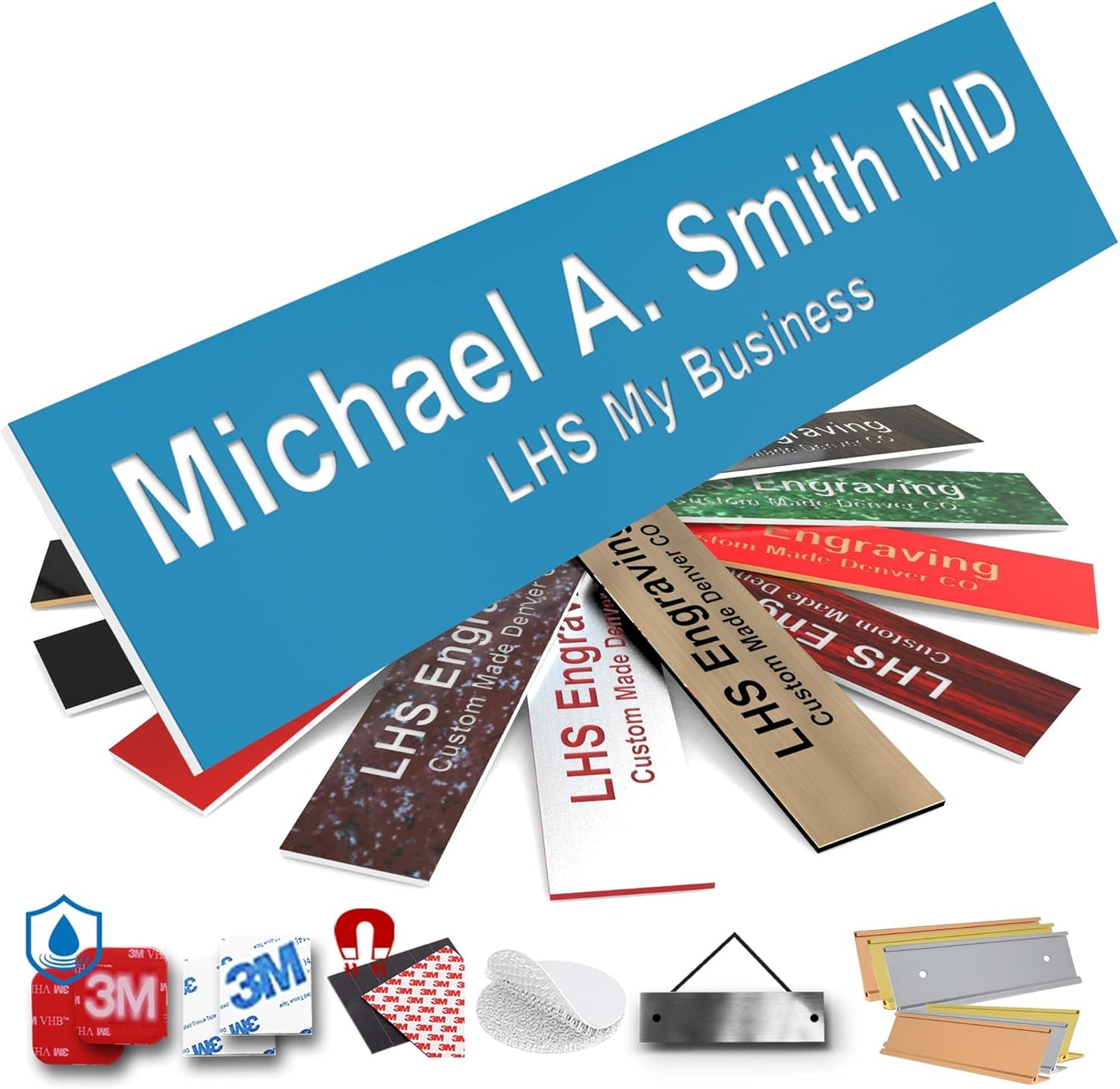 Engraved Name Plates for Door Sign Personalized Light Blue Plastic Plaque with White Letters - Made in USA 2x10 B1