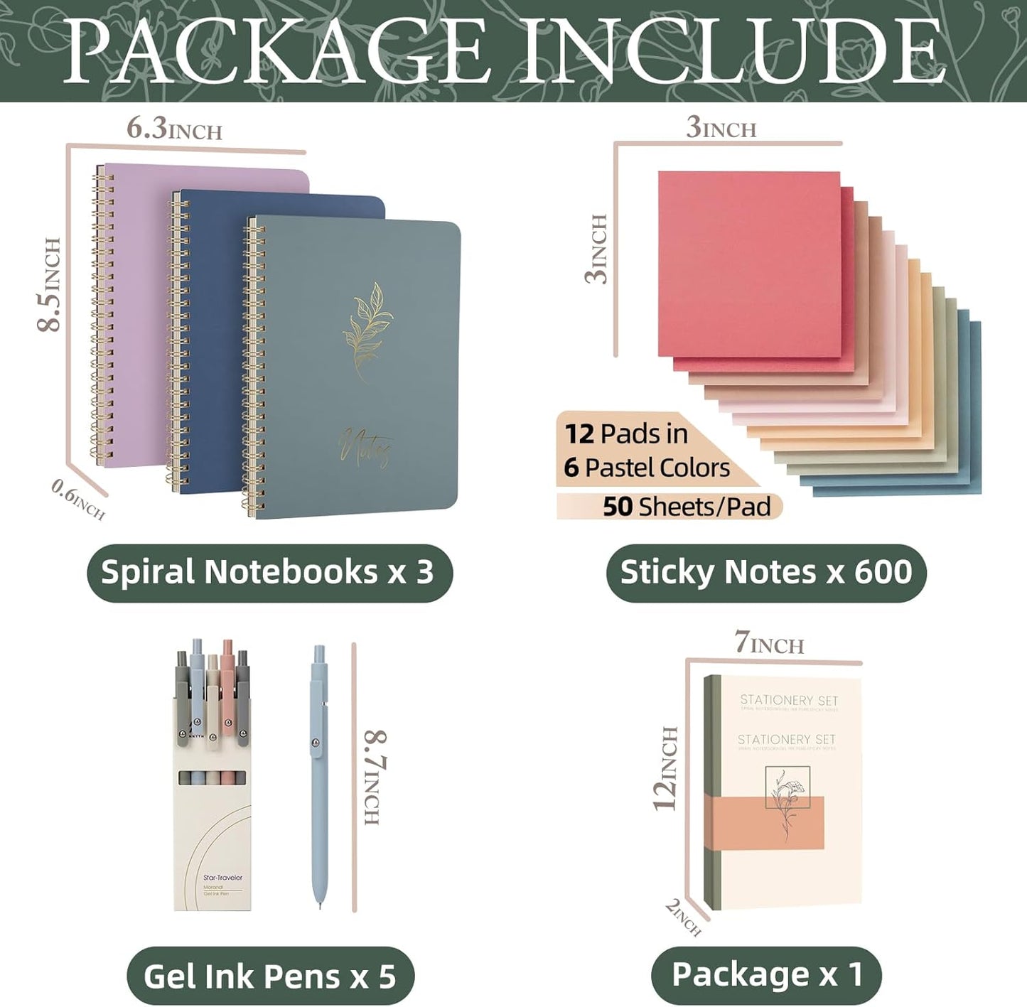 Cute Spiral Notebook Set For Women, Bible Journal Set, 3 Pack A5 Spiral Notebook + 5 PCS Gel Pens + 600 Sticky Notes + Gift Box, Aesthetic Gift Set for Work Students School Office Supplies