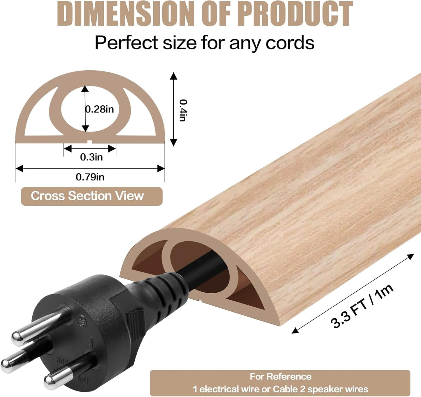 Floor Cord Cover Self Adhesive Cord Hider,3.3FT Cable Management, Extension Strip Protector for Wires, Prevent Cable Trips for Offices, Gyms, Exhibitions Cavity:0.3"(W) x0.28(H) WoodLightyellow