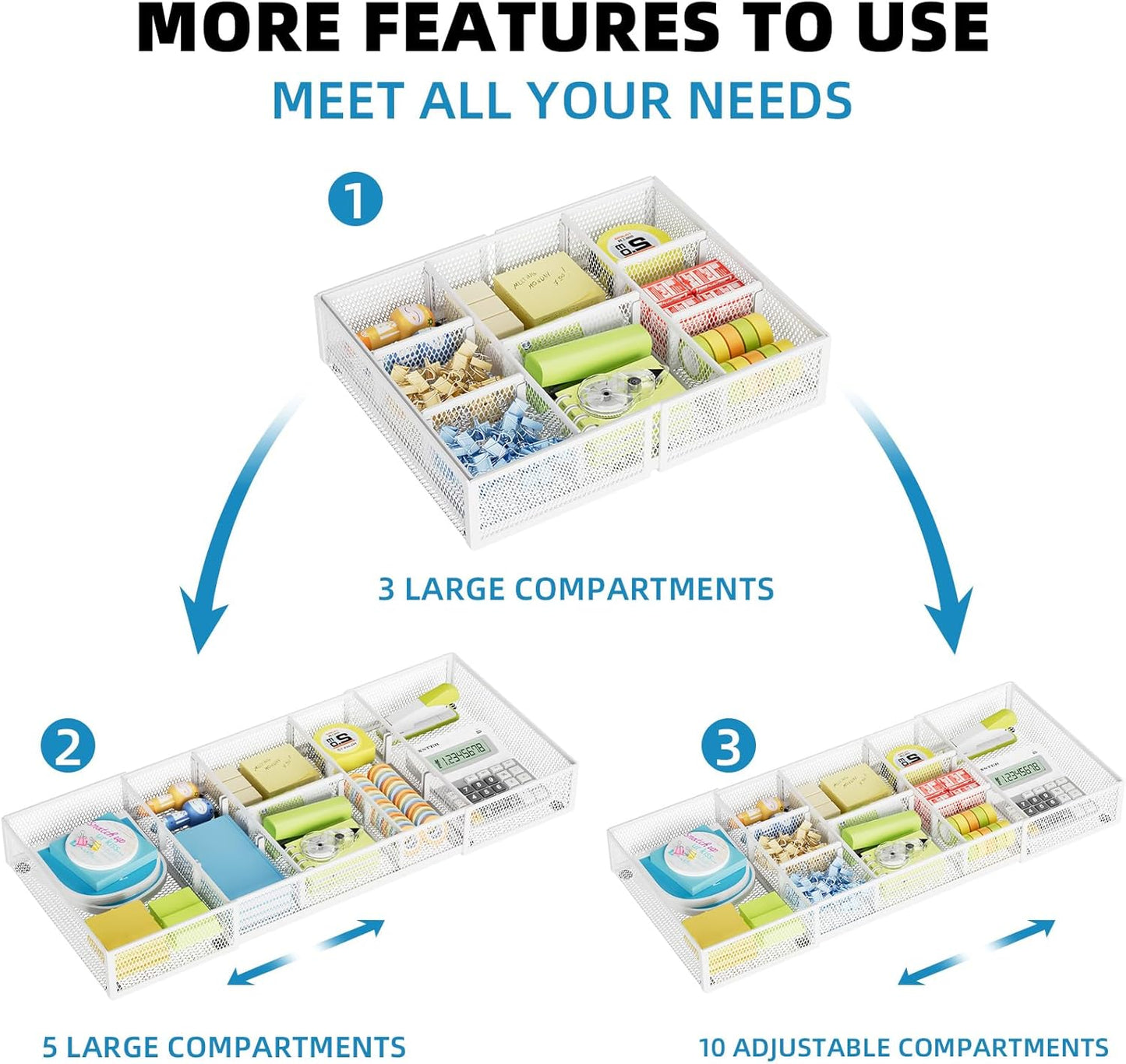 Marbrasse Expandable Desk Drawer Organizer, Mesh Drawer Organizer Tray with 10 Adjustable Compartments, Desk Organizers and Accessories for Office Supplies (Longer Expandable Drawer Organizer-W)