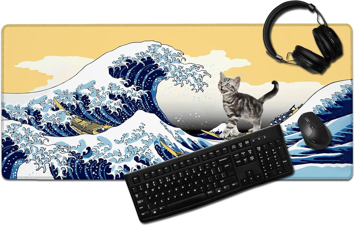 Funny Cat Surfing The Great Wave Off Kanagawa Mouse Pad - Large Non-Slip Desk Mat for Office, PC, Laptop - 35.5"x15.7" x 3mm