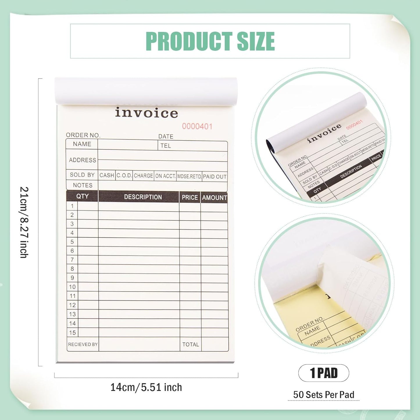 FOBSME Sales Order Books with 2-Part Carbonless Forms 8.27x5.51 Inch Invoice Books Receipt Record Book with Cardboard for Small Business Retail Stores (1 Pad,50 Sets Per Pad)