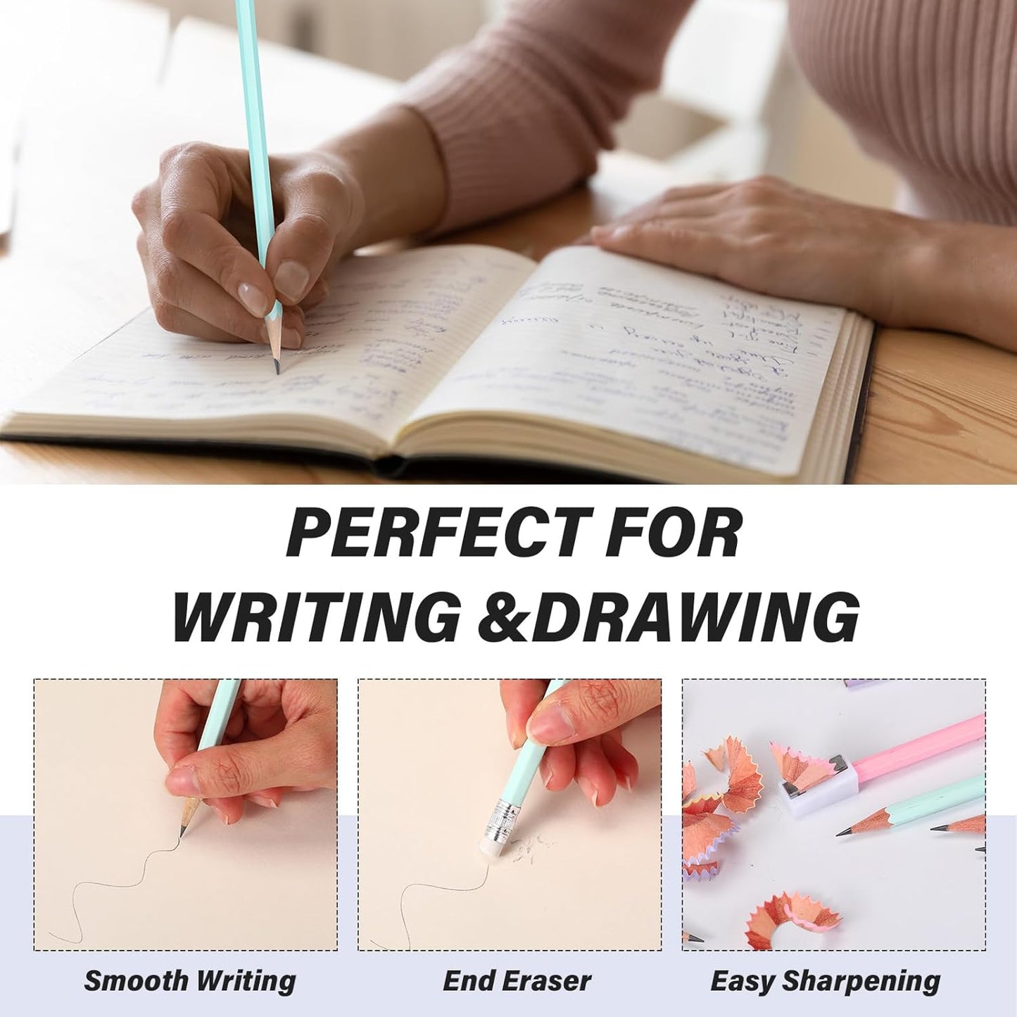 TecUnite 60 Pcs HB Pencils #2 Unsharpened Wood Cased Pencils with Eraser Hexagonal Pencil Cute Graphite No 2 Pen for Adults Gifts Exam School Office Sketching Learning(Macaron Color, Silver)