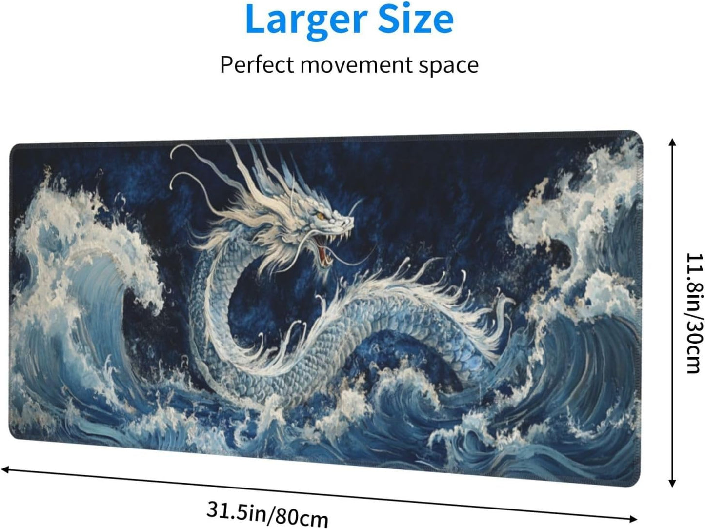 Dragon Wave Mouse Pad 31.5 X 11.8 Inch Big Desk Rubber Base Stitched Edges Keyboard Pad XXL Mouse Mat for Home Game and Office