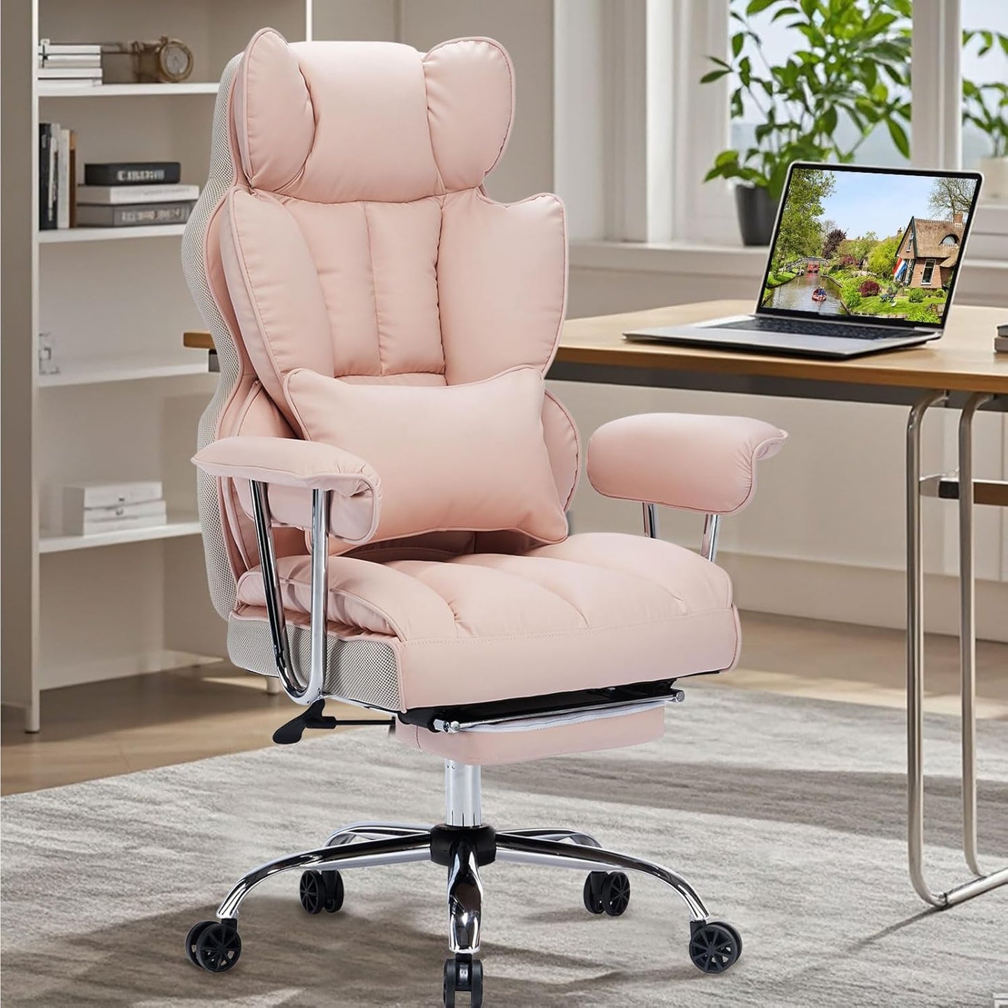 Efomao Big and Tall Office Chair 400LBS, Heavy Duty Executive Office Chair with Foot Rest, Home Office Desk Chairs, Pink Big Tall Computer Chair