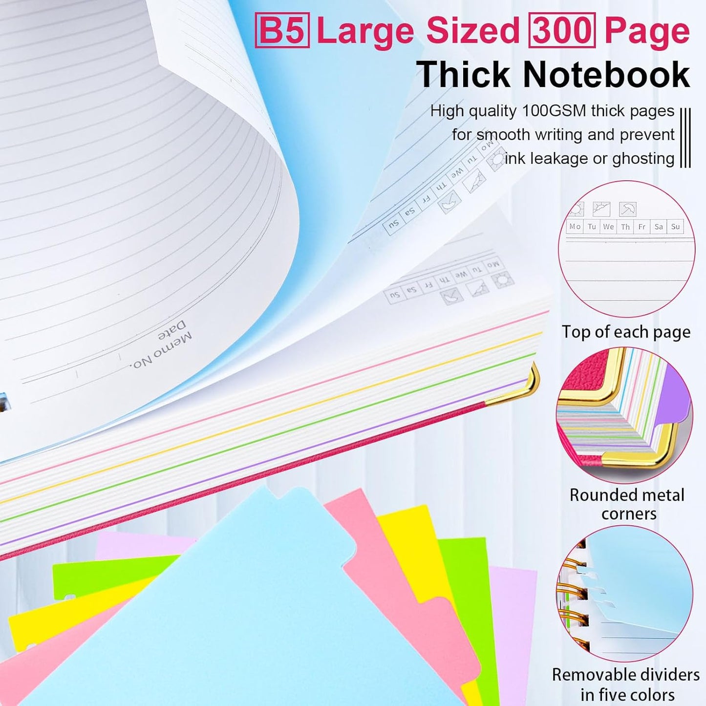 Hardcover Spiral Notebook 8"x10" Journal Notebook with Tabs and Removable Dividers 300 Pages 5 Subject Notebook College Ruled, Faux Leather Spiral Bound Notebook for Women, Students, School Work (Rose Red)