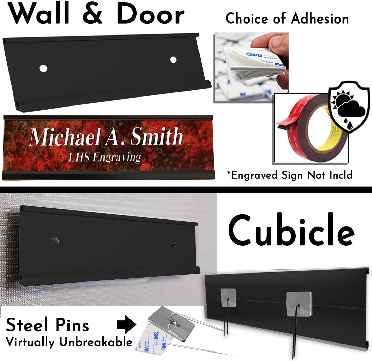 Executive Wall Nameplate Sign Holder Black Aluminum Fits 2x12 Plastic Office Door Name Plate or Cubicle Option| Made in USA