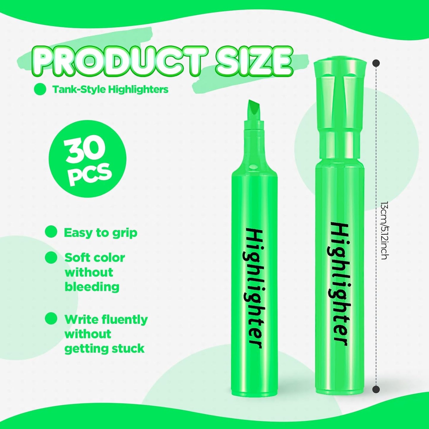 Qilery 30 Pack Highlighters Bulk, Tank Style Chisel Tip Highlighters Markers Quick Drying for Kids and Adult Coloring, Classroom Home Office School Supplies (Green)
