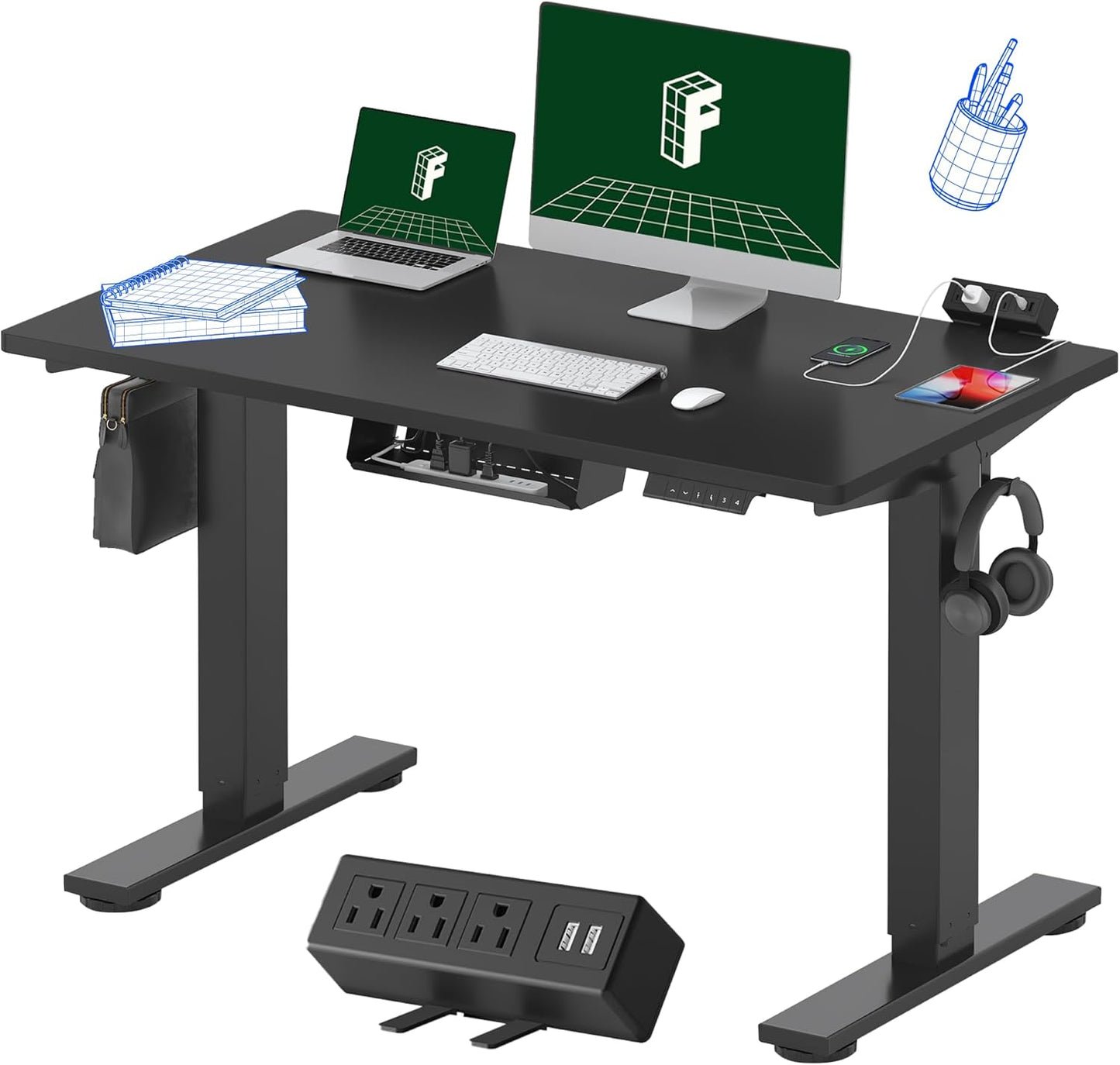 FLEXISPOT EN2 Whole-Piece Standing Desk with Clamp Power Strip, 48x24'' Electric Stand Up Height Adjustable Desk with Cable Management (Black Frame + 48" Black Table Top)