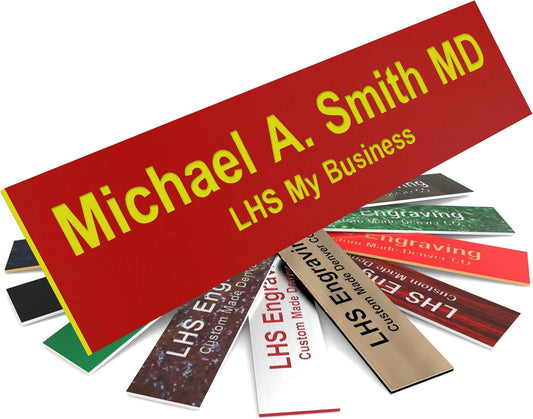 Door Name Plate Personalized for Office Red Plastic Name Plate with Yellow Letters - Made in USA 2x10 B22