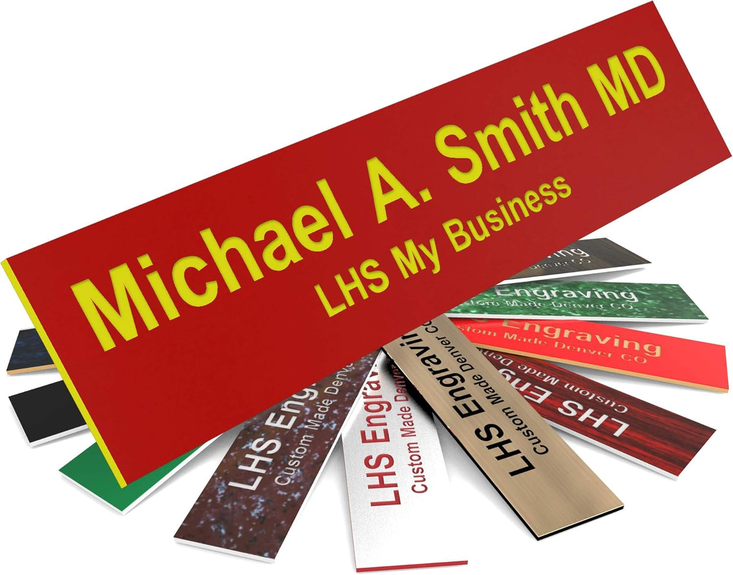 Door Name Plate Personalized for Office Red Plastic Name Plate with Yellow Letters - Made in USA 2x4 B22
