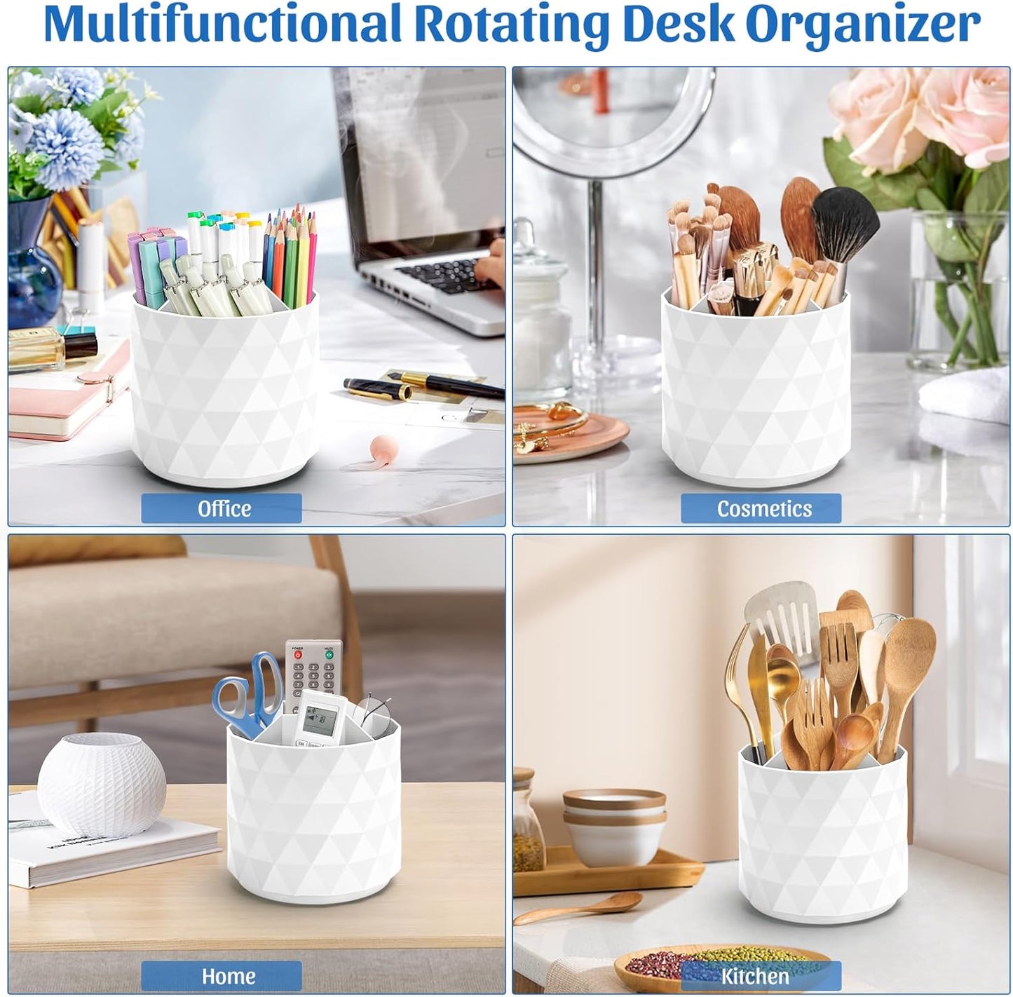 Desk Organizer,Sparkling Diamond-like Pen Holder for Desk 360°Rotating Office Accessories,Pencil Cup with 5 Compartments Storage Box Caddy for Office,School,Home,Art Supply(White)