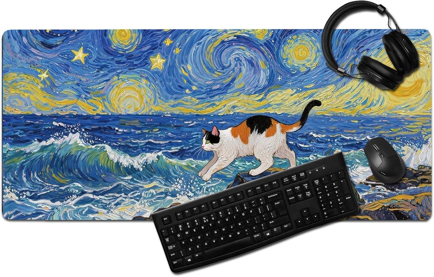 Cute Calico Cat Surfing Mouse Pad, Starry Night Style Mousepad - Large Non-Slip Desk Mat for Office, PC, Laptop - 35.5"x15.7" x 3mm