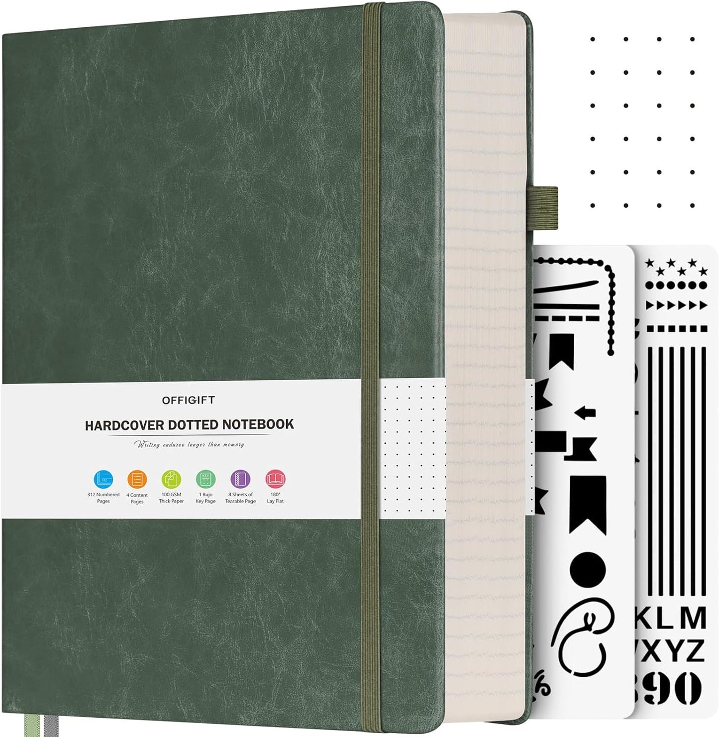 Dotted Journal Notebook, 312 Numbered Pages Large B5 Hardcover Leather Notebook, 100gsm No Bleed Paper Dot Grid Notebook with Index Pages, Dot Journal for Women Men, 7.6'' X 10'', Green