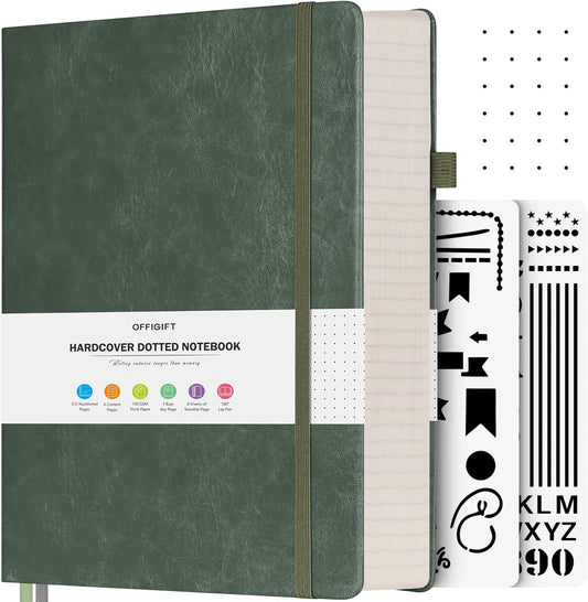 Dotted Journal Notebook, 312 Numbered Pages Large B5 Hardcover Leather Notebook, 100gsm No Bleed Paper Dot Grid Notebook with Index Pages, Dot Journal for Women Men, 7.6'' X 10'', Green