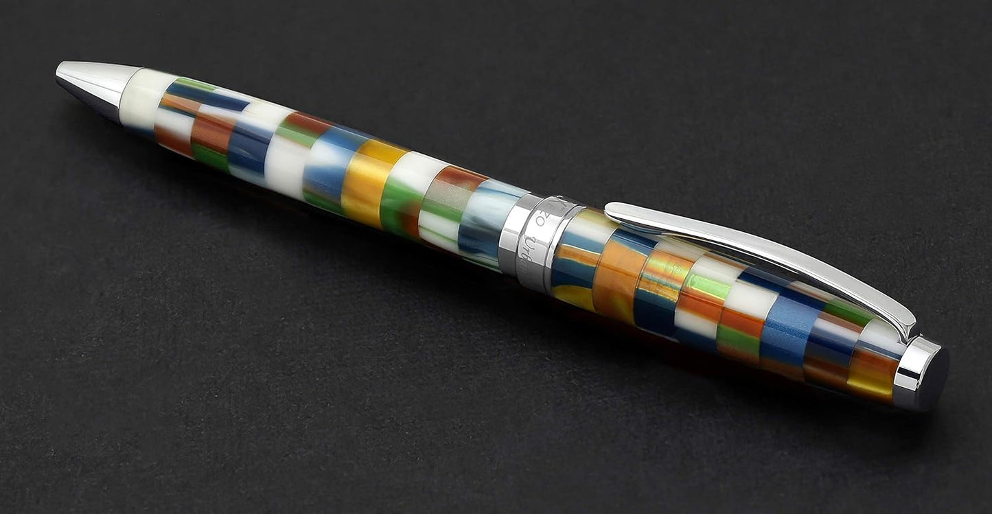 Xezo Urbanite II Twist Action Ballpoint Pen, Medium Point. Jazzy Multicolor Checkered Acrylic on Brass. Chrome Plated. Handcrafted, Limited Edition, Serialized