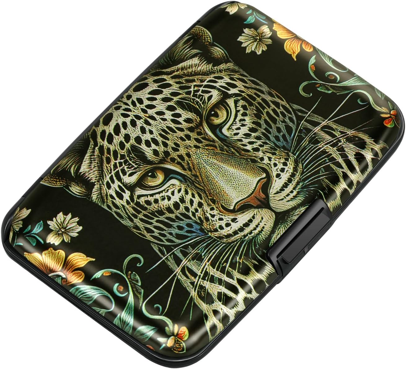 ELFISH Mini RFID Aluminum Wallet Credit Cards Holder Business Card Case Metal ID Case for Men Women(Black Leopard)