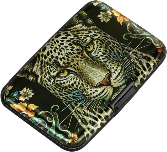 ELFISH Mini RFID Aluminum Wallet Credit Cards Holder Business Card Case Metal ID Case for Men Women(Black Leopard)