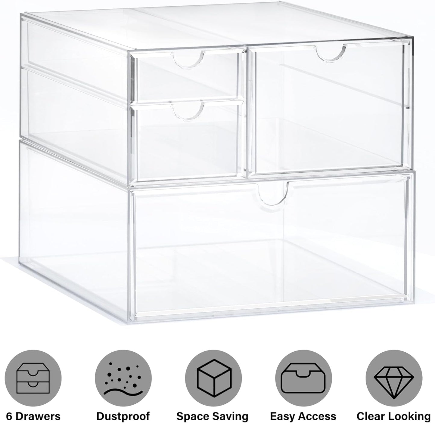 Prsildan Acrylic Drawer Makeup Organizer with 4 Drawers, Set of 2 Office Desk Organizers Accessories, Clear Stackable Storage Drawers for Vanity, Countertop, Craft, Jewelry, Art Supply Organization