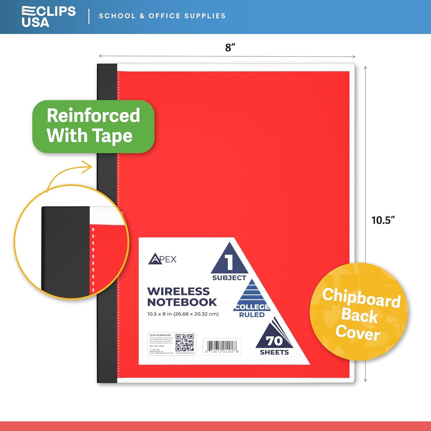 E-CLIPS USA Non Spiral Notebook, 1 Subject, College Ruled Notebook, Journal Notebook, Notebooks Bulk, School Supplies, Perforated Edges, 6 Colors, 70 Sheets (12, College Ruled)