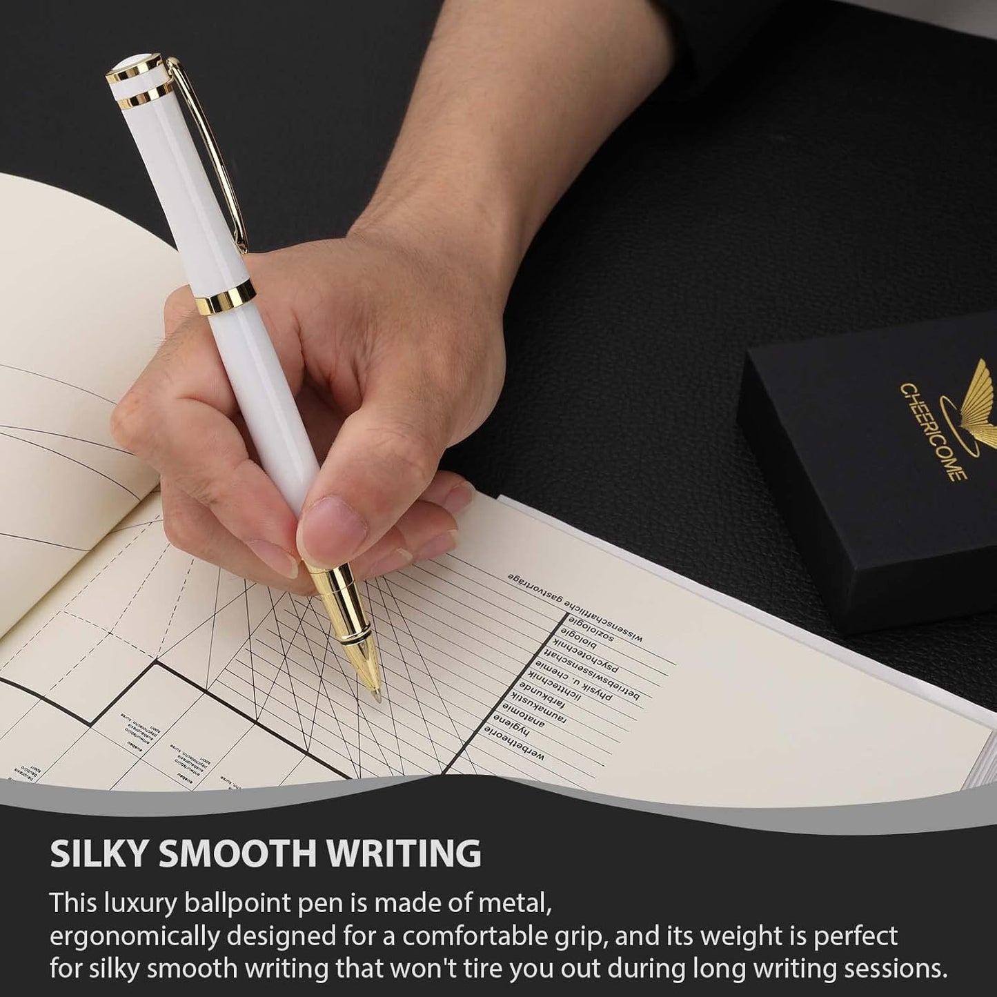 Cheericome Luxury Ballpoint Pen - Professional & Executive, Perfect for Silky Smooth Writing, with Gift Box, Nice for Men & Women, 2 Extra 0.5mm Black Refills - White