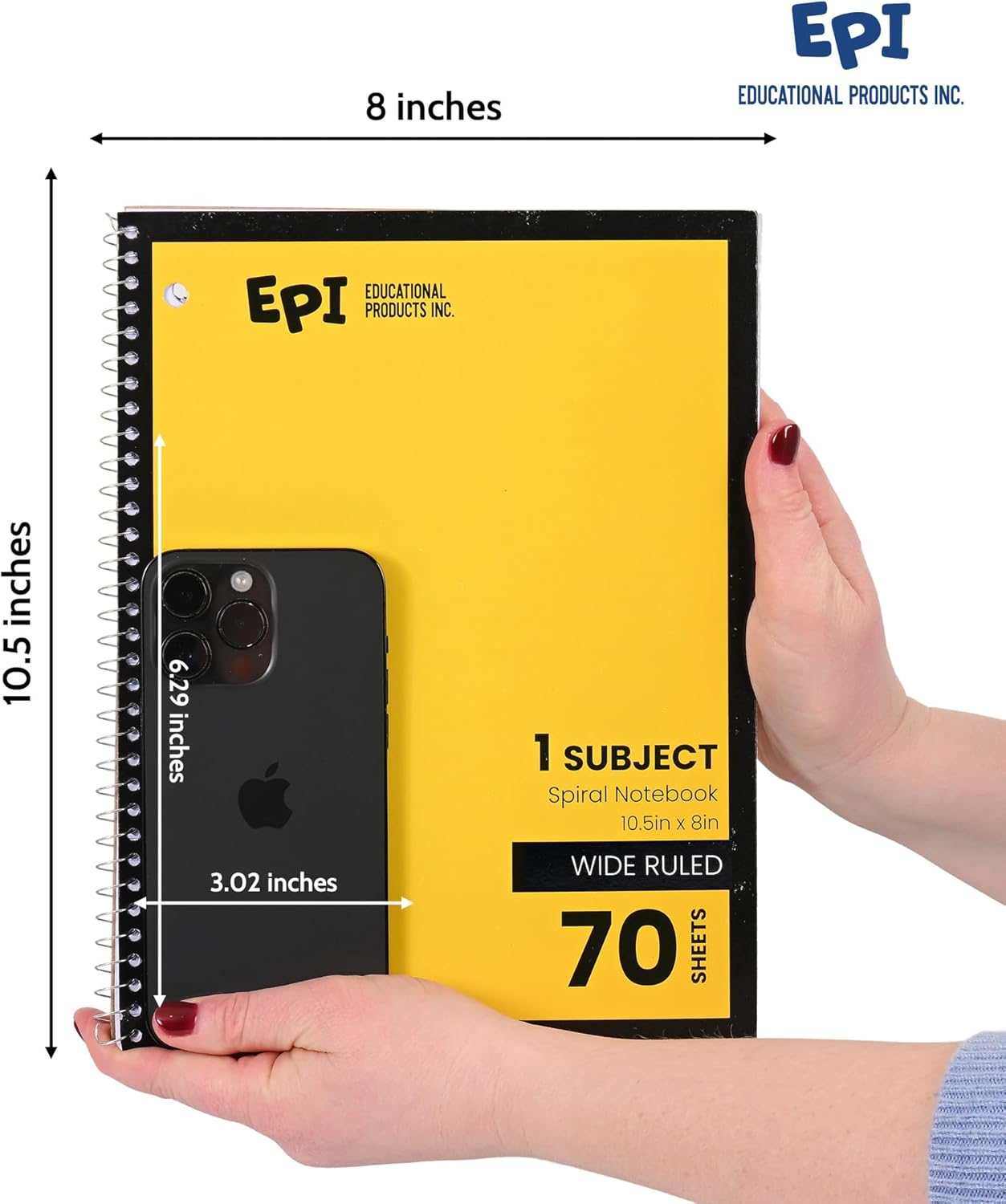 EPI Spiral Notebook | Wide - 70 Sheets, Durable Spiral Binding | 10.5 x 8 in | Classroom Supplies | School, Office, Note Taking, Journaling - 12 Pack