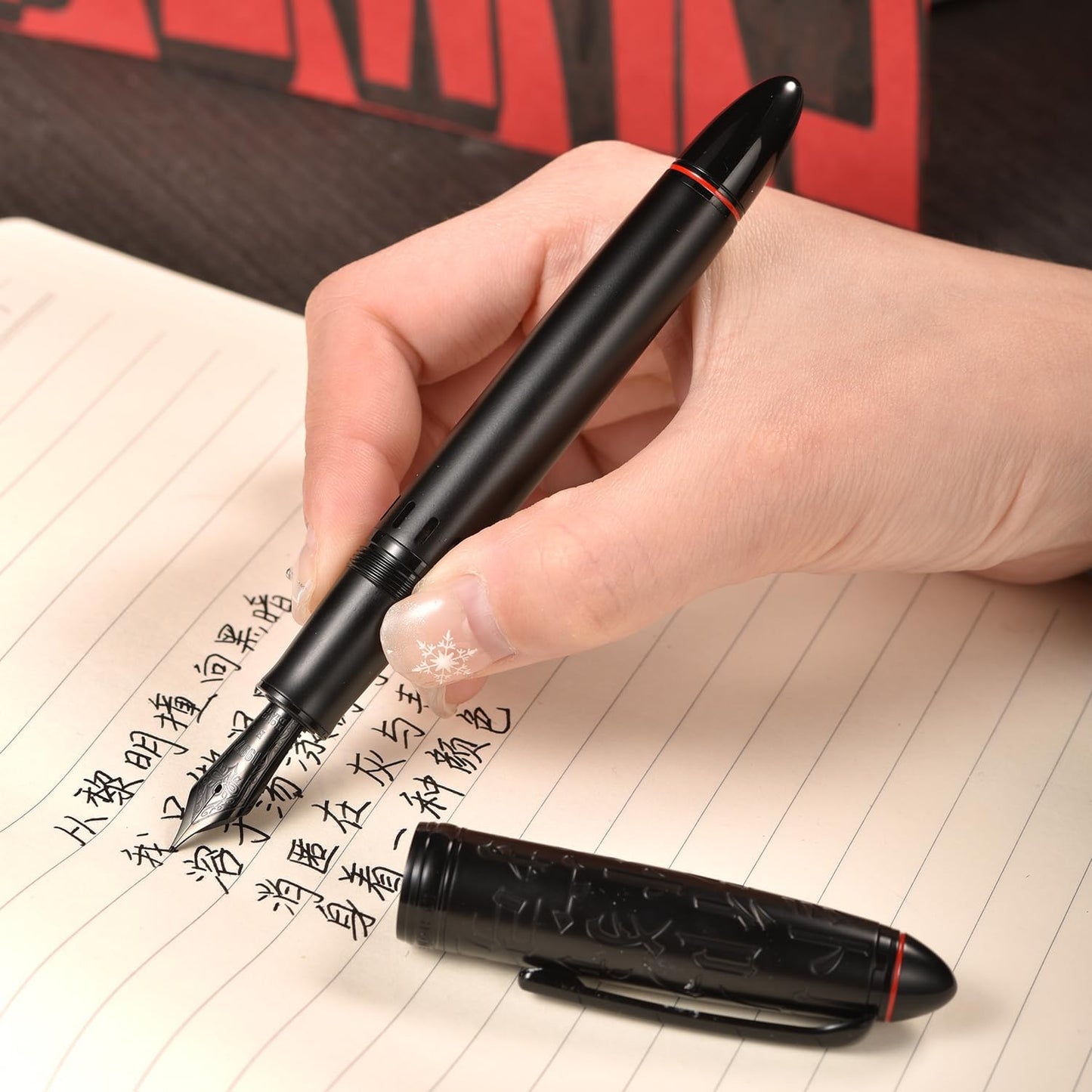 Hongdian N6 Black Metal Resin Piston Fountain Pen Black Long Blade Nib Classic Pen, Includes Metal Box Writing Pen