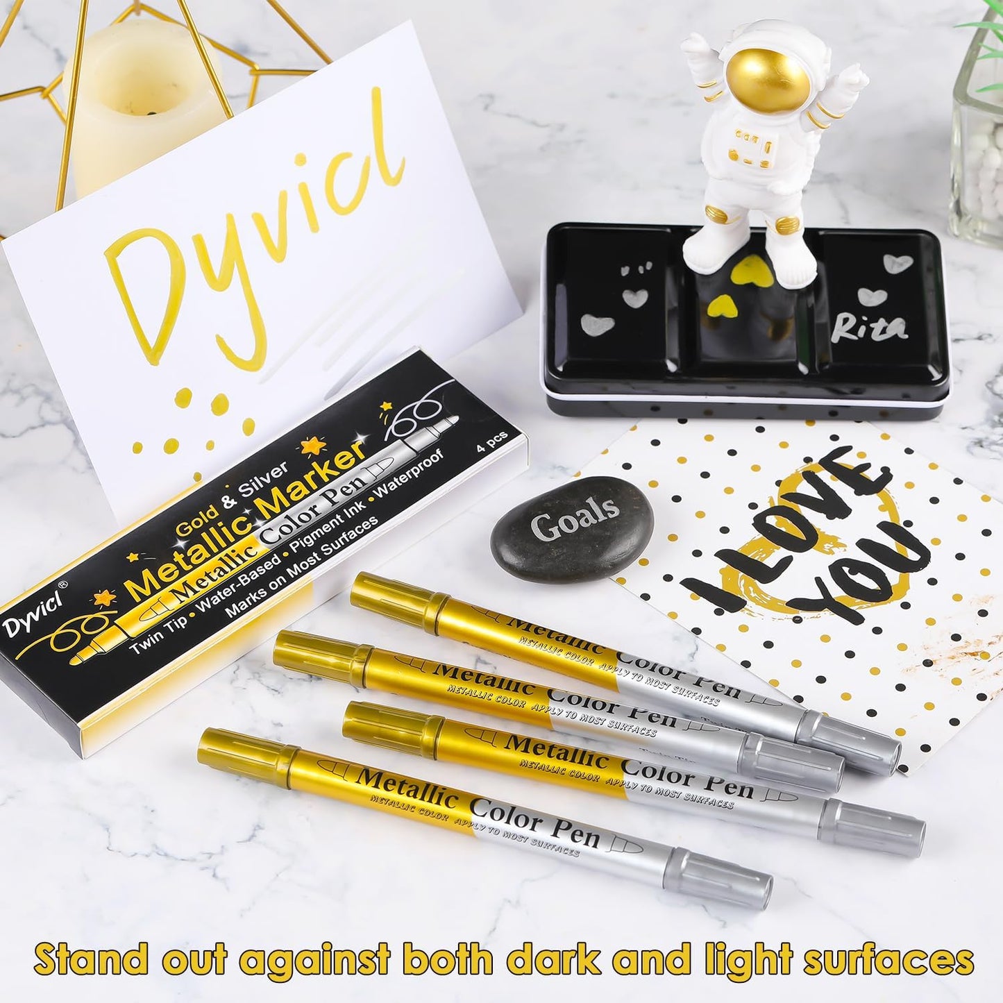 Dyvicl Metallic Marker Pens Dual Tip, Permanent Metallic Silver and Gold Paint Pens for Black Paper, Wine Glass, Rock Painting, Christmas Card Making, Scrapbook, DIY Art Crafts, Set of 4