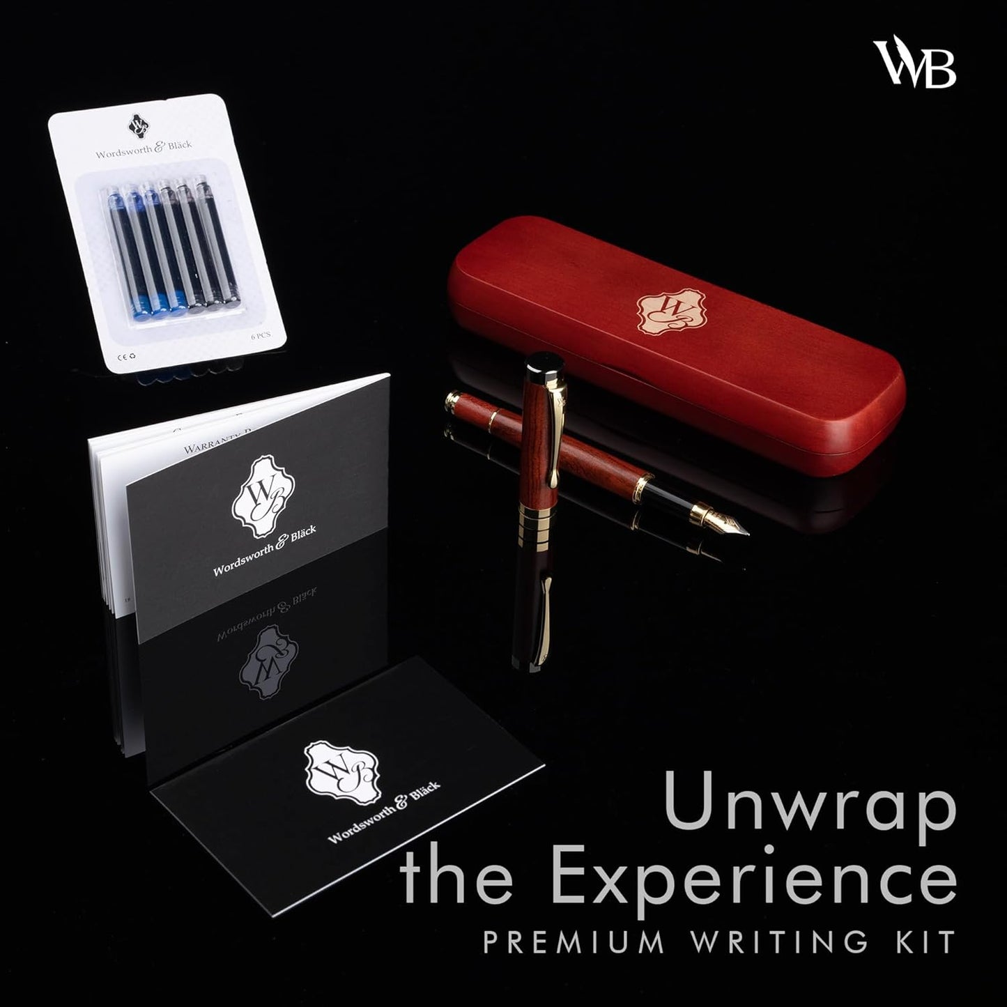 Wordsworth & Black Fountain Pen Set, Luxury Bamboo Wood - Fine Nib, Gift Case; Includes 6 Ink Cartridges, Ink Refill Converter -Journaling, Calligraphy; Drawing, Smooth Writing [Rosewood]