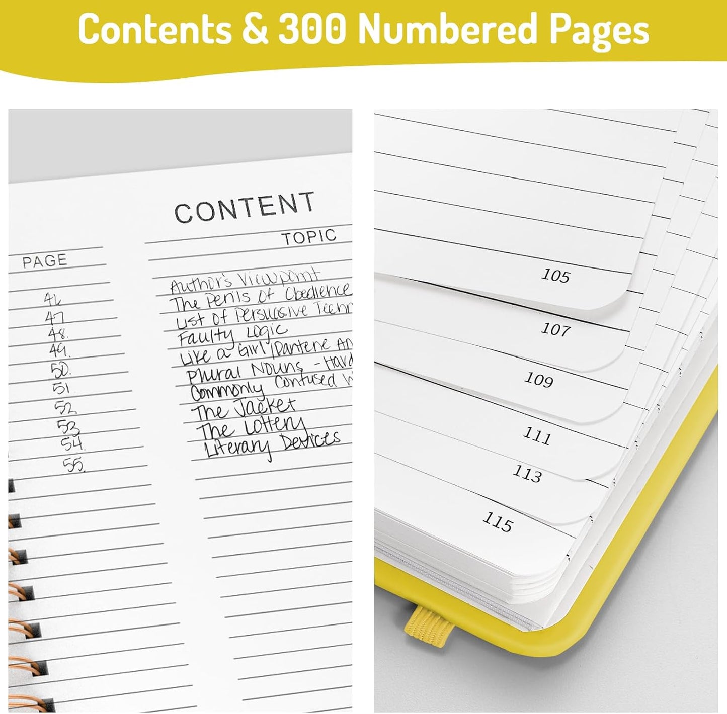 Forvencer Lined Spiral Journal Notebook with 300 Numbered Pages, B5 College Ruled Thick Journals for Writing with 100GSM Paper, Hardcover Notebooks with Contents for Work, School, Women, Men, Yellow