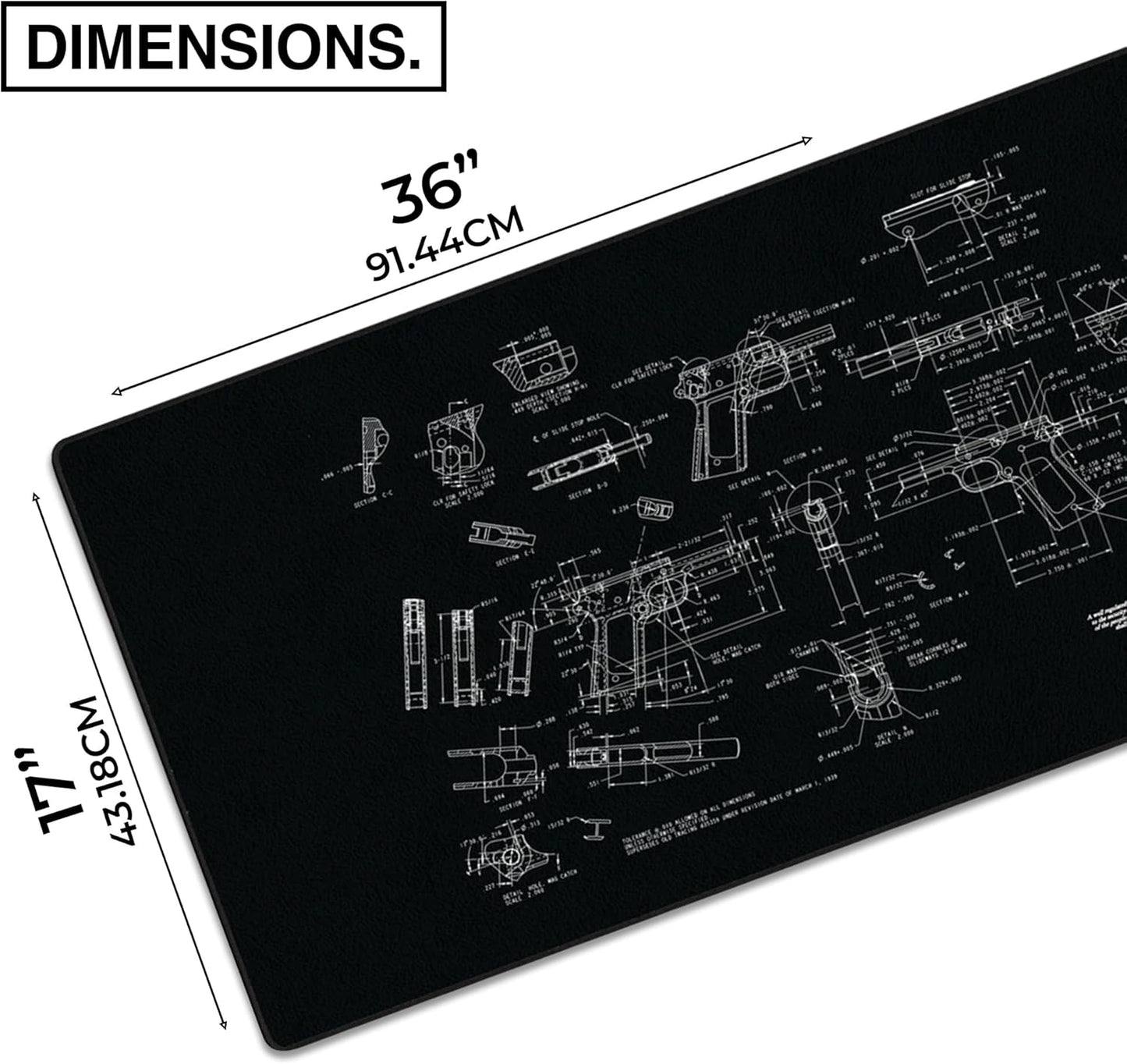 MPCO. Blueprints Large Gaming Desk Pad - 36" x 17" Duraglyde Fabric Browning 1911 – Black Desk Mats - Non-Slip, Washable, Smooth Glide for Precision Gaming & Work