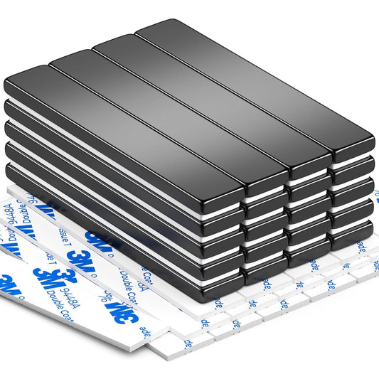 Grtard 20 Pack Bar Magnets, 60x10x3mm Permanent Rare Earth Magnets Bar, Powerful Magnets Heavy Duty Magnet Strips with Double-Sided Adhesive for Garage, Kitchen, Science, Whiteboard