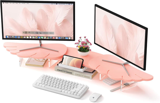 Dual Monitor Stand Riser,Wing-Shaped Sturdy Desktop Computer Wood Stand for 2 Monitors Cute Monitor Riser for Laptop, PC, Computer,Pink