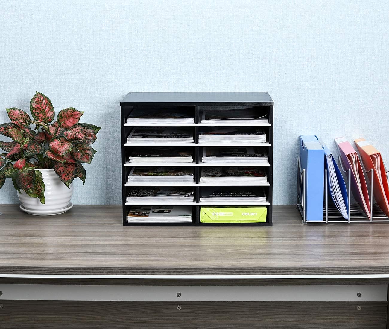 EasyPAG Mail Organizer Countertop, Wood Literature Organizer, Student Classroom Mailbox for School, Desktop Paper Sorter for Office Home, 12 Compartments, Black/White