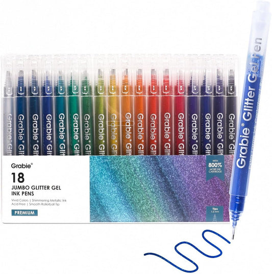 Jumbo Glitter Gel Ink Pen Set Of 18, Metallic Vibrant Sparkle Gel Pens for Coloring, Sparkle Markers, Glitter Pens for Adults (18 Colors Jumbo Gel Pens)