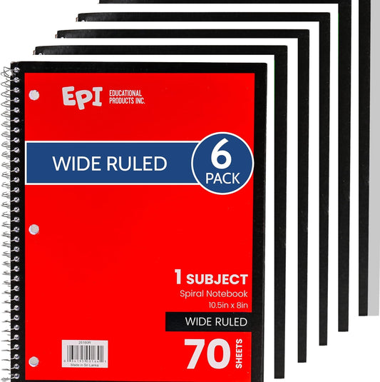 EPI Spiral Notebook | Wide - 70 Sheets, Durable Spiral Binding | 10.5 x 8 in | Classroom Supplies | School, Office, Note Taking, Journaling - 6 Pack