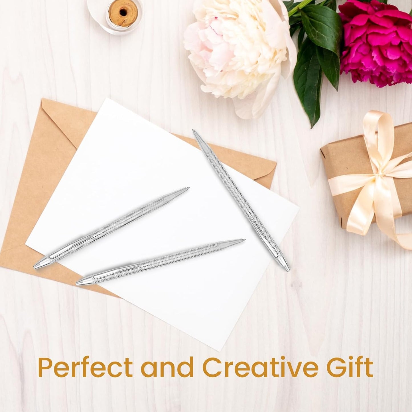 Cambond Ballpoint Pens Fancy Pens - Wedding Guest Book Metal Pen Uniform Christmas Gift Sliver Pen Black Ink 1.0mm Medium Point, 3 Pens with 3 Refills (Silver)